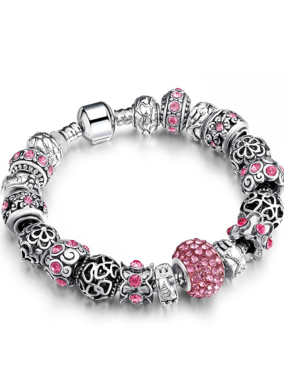 Pink Hearts Silver Charm Bracelet